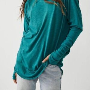 NWT We The Free Arden Tee Teal Green Long Sleeve Oversized Top 100% Cotton Sz XS